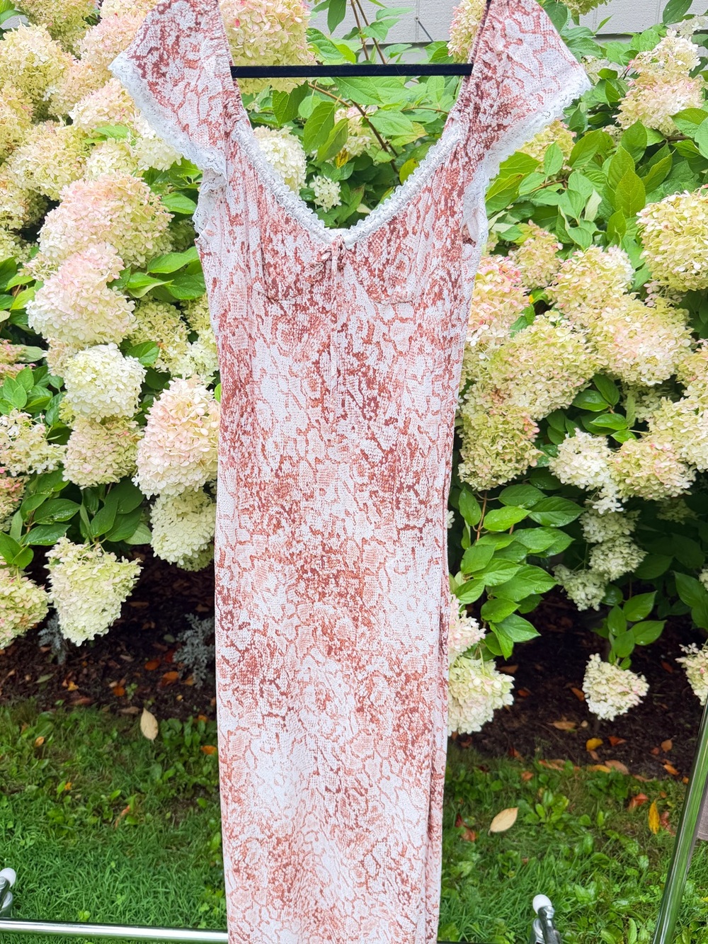 Wayf Cream and Rust Snake-Print Maxi Dress with Lace Trim